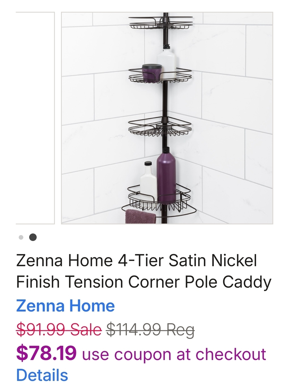 Zenith Corner Shower Caddy in Black with Purple Accents